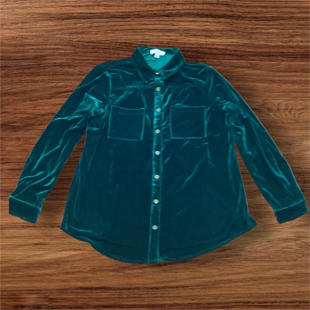 Umgee USA Women XL Emerald Green Velvet Button Down Shirt Long Sleeve Flaw